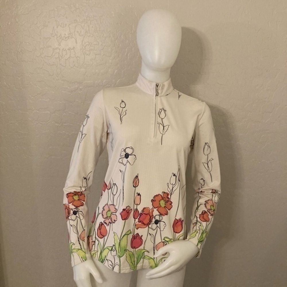 SanSoleil Women’s UV 50 + Cooling Half Zip White Floral Golf Mock Pullover M